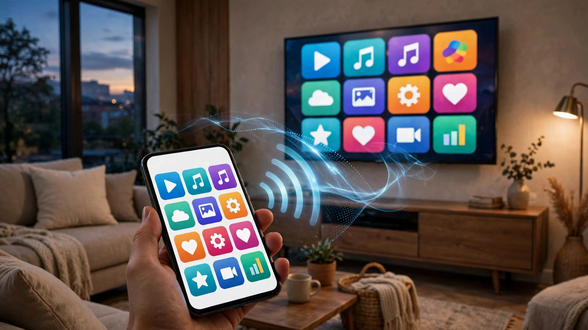 Smartphone screen mirrored wirelessly onto a living room TV