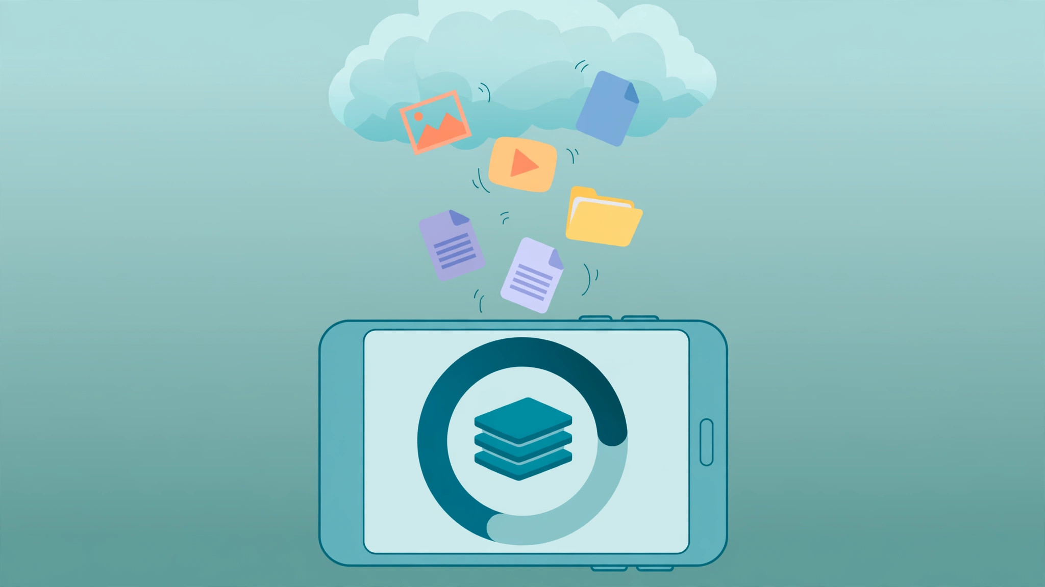 Illustration of a smartphone storage gauge filling with clutter files floating to the cloud