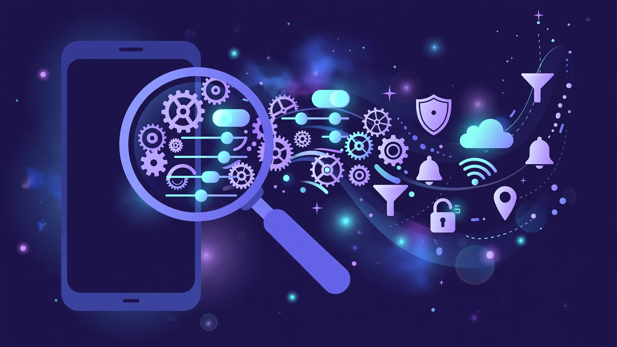 Illustration of a magnifying glass revealing hidden Android settings and features