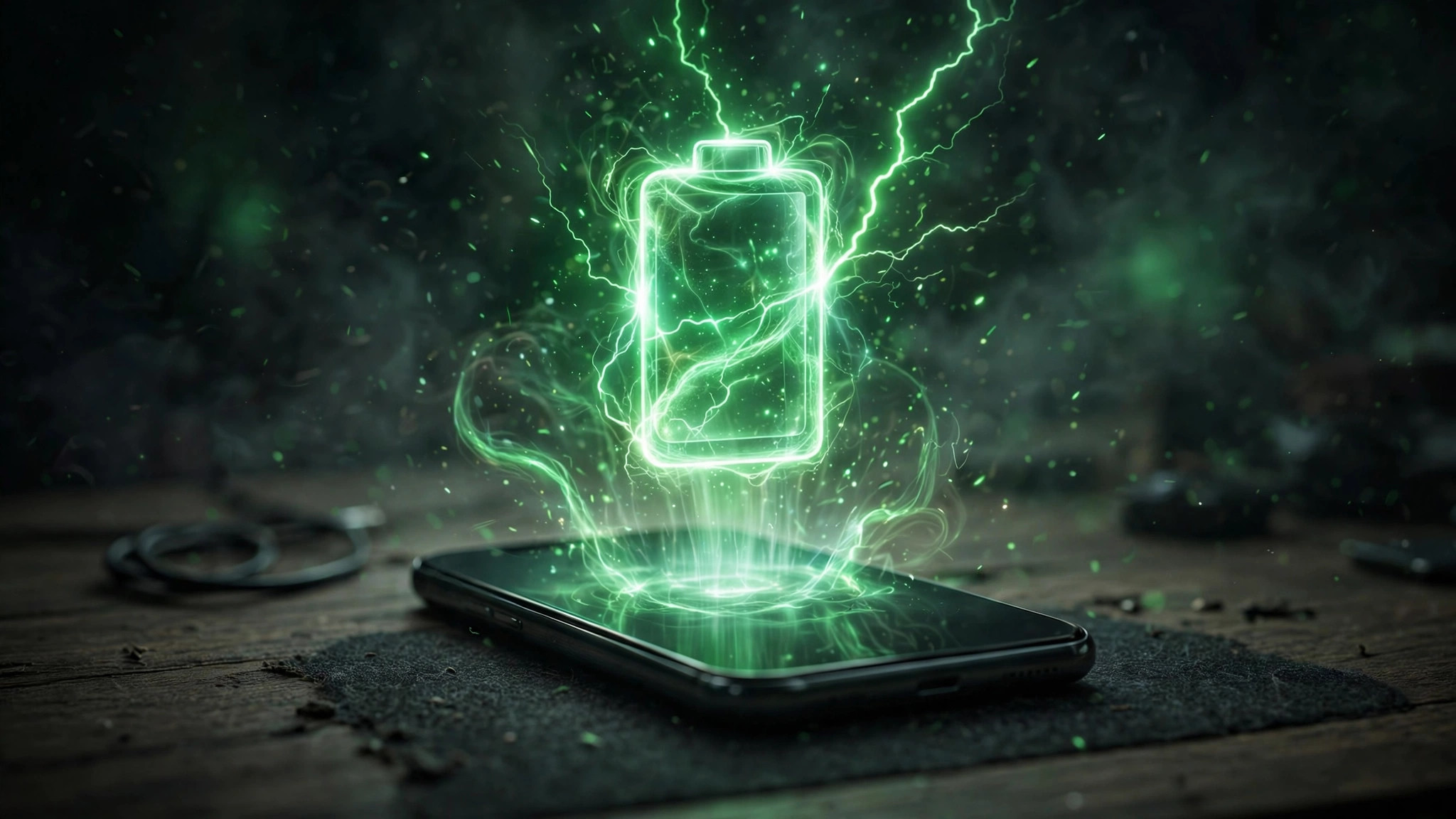 Smartphone with a glowing green battery charge symbol above its screen