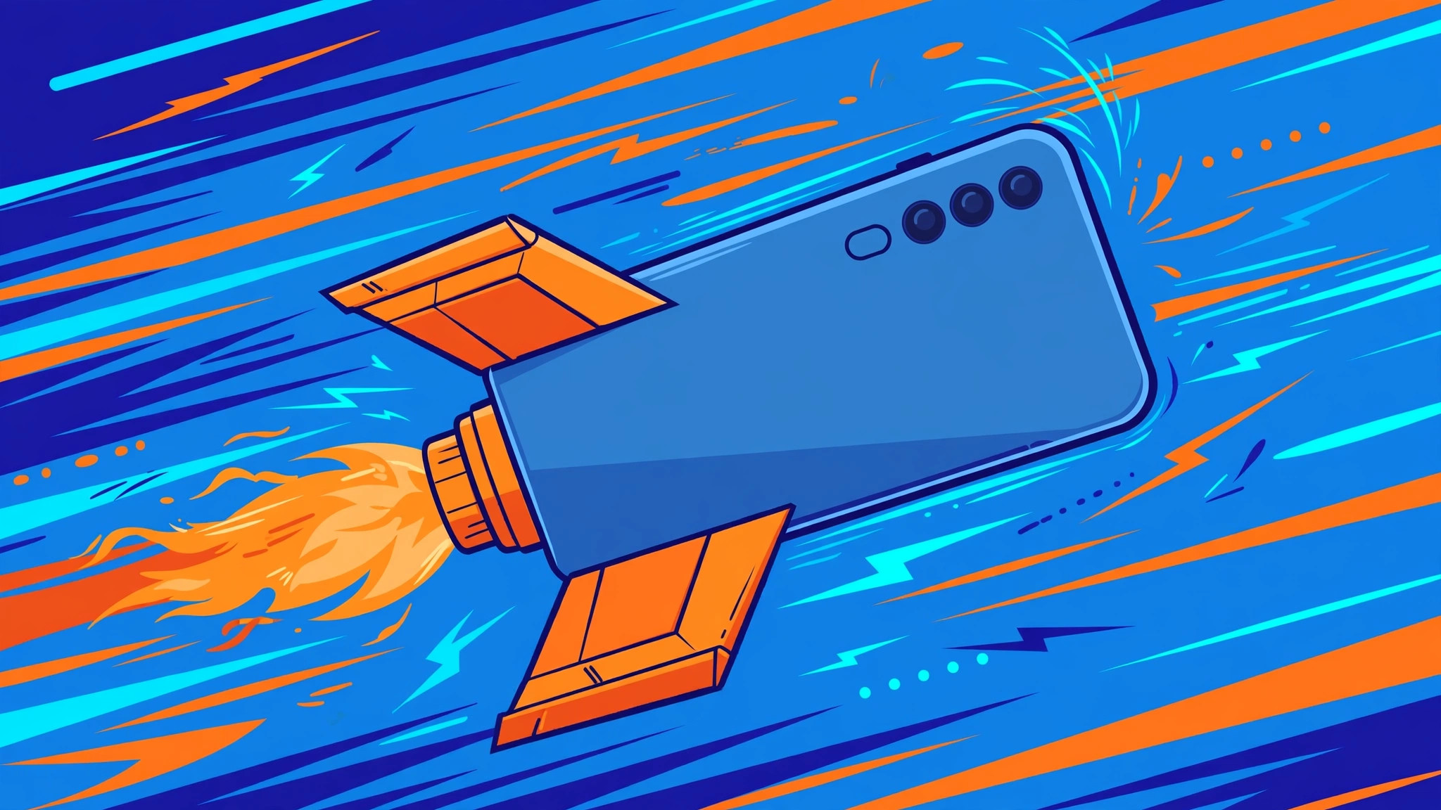 Illustration of a smartphone with speed lines and rocket fins racing forward