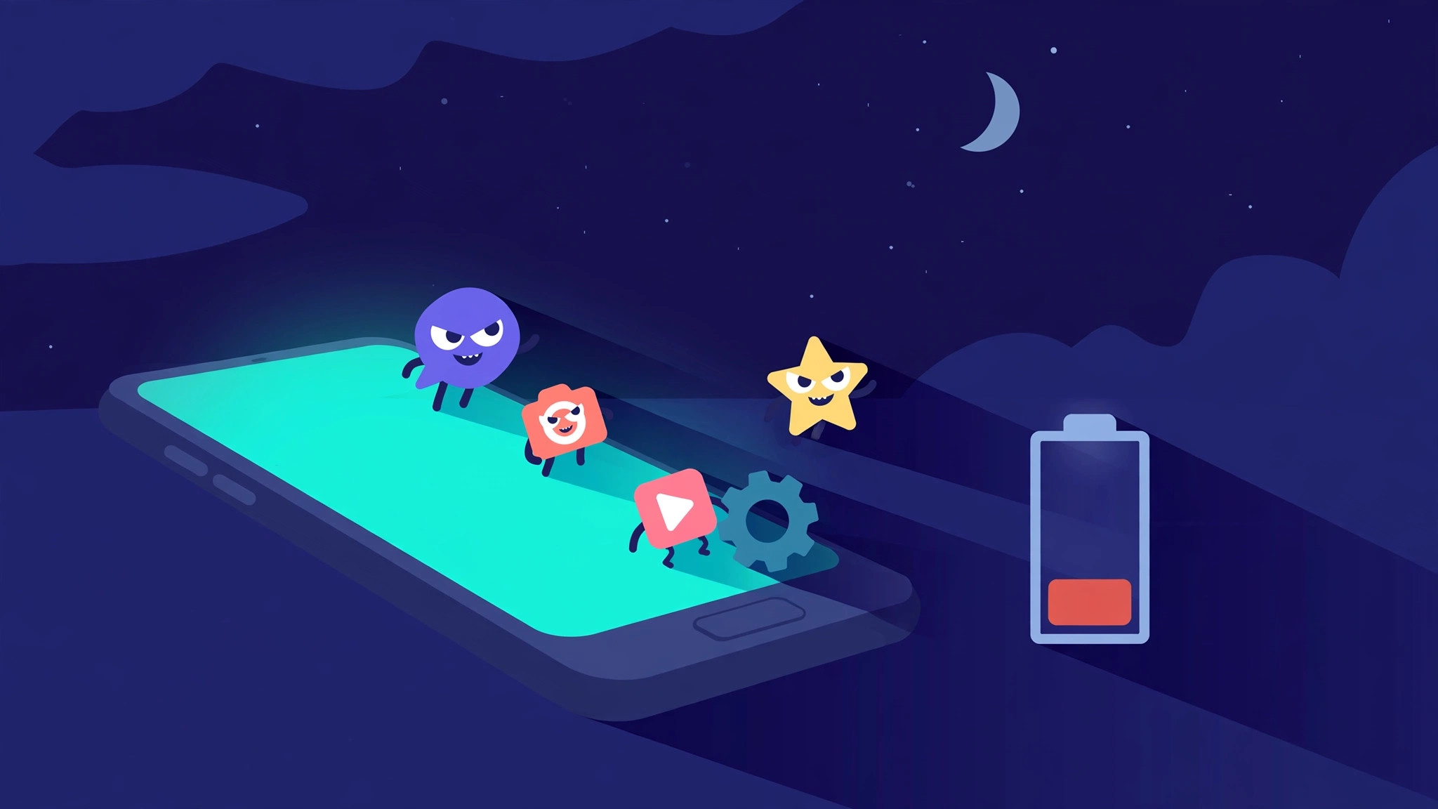 Illustration of a smartphone at night with sneaky app icons escaping the screen and a draining battery gauge