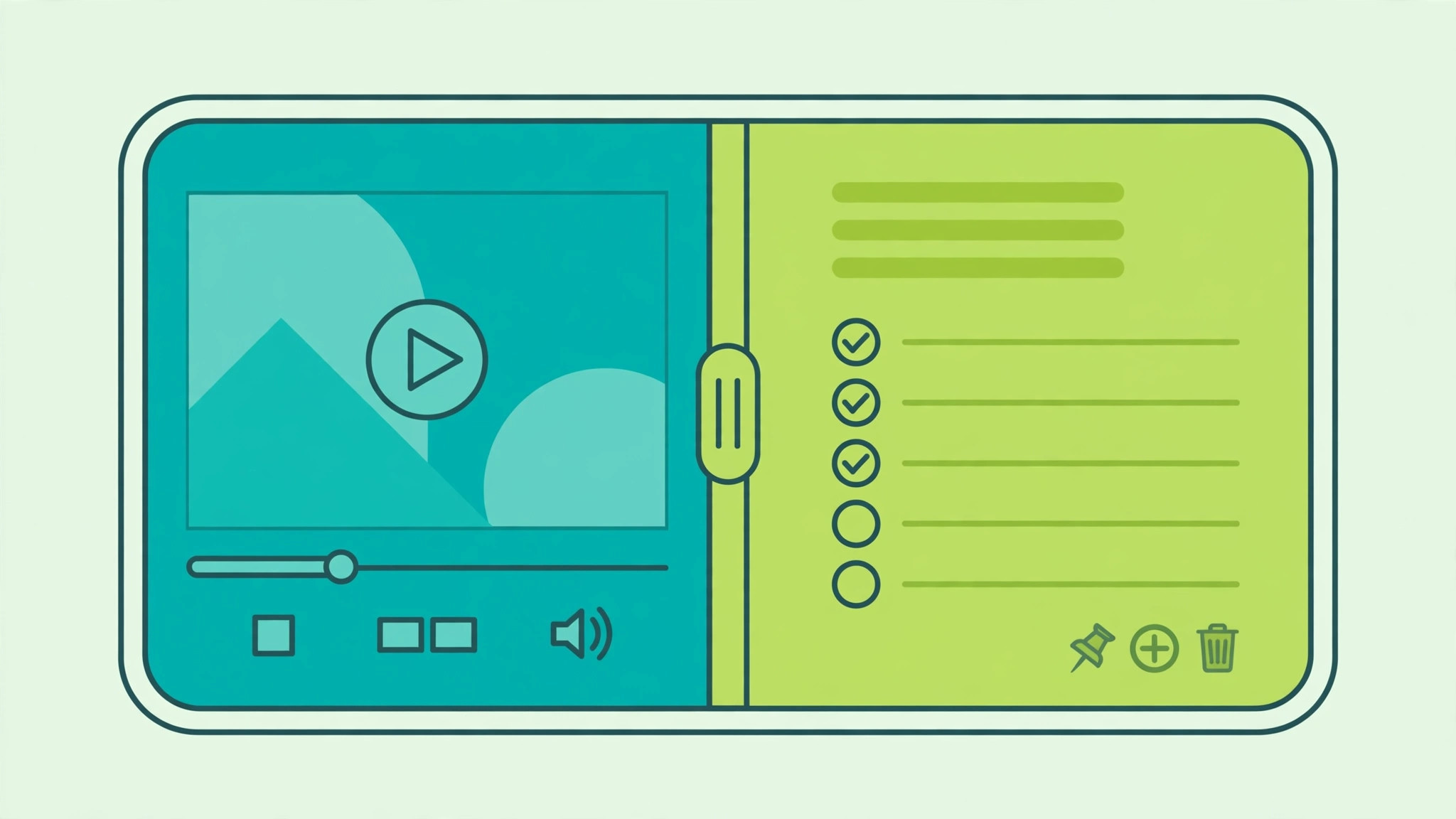 Illustration of a smartphone screen split in half running a video app and a notes app side by side